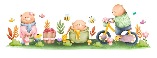 Watercolor spring bears in the garden banner 