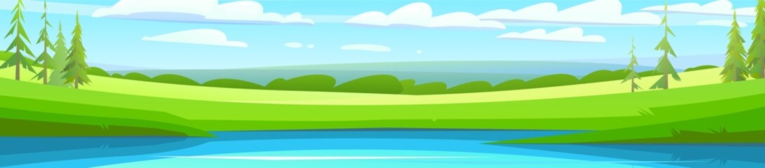 Rural landscape. Green scene. Water pond or river bank. Horizontal village nature illustration. Flat style. Cute country hills. Vector