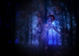 3D Dryad woman in night autumn forest
