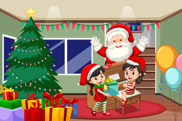 Children celebrating Christmas with Santa Claus at home