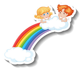 Two little cupids on rainbow in cartoon style