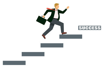 急ぐ、走る階段を上る8等身　太った白人男性のビジネスマン会社員のアバター　インフォグラフィックス出世、成功、白背景