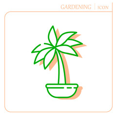 Potted palm concept. Home flower. Gardening. Isolated vector. Editable stroke.