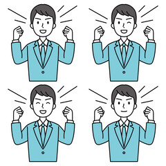 ガッツポーズするスーツの男性（シンプル）
