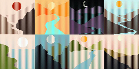 Poster with mountain landscape  and sunset in boho style  .Minimal design with line elements . Trendy brochure . Vector illustration .