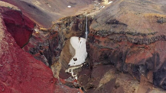Aerial view on colorful Dangerous Canyon (Opasniy Canyon) near the Mutnovsky volcano on the Kamchatka Peninsula, Russia, 4k