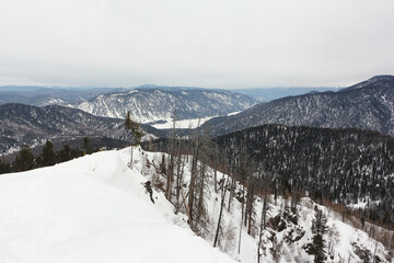 View of Lake Teletskoye from the  Mount Kokuya, Teletsky ski resort, Altai Republic, Russia