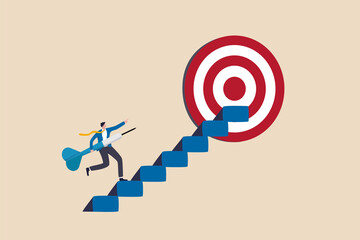 Success step to reach business goal, growing journey or aiming to reach target, ambition or challenge concept, cheerful businessman carrying dart step on stairway to reach dartboard bullseye. - obrazy, fototapety, plakaty