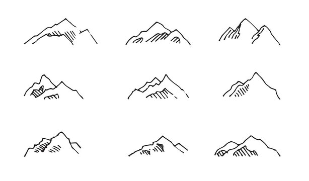 Set of mountain cliff. In style of contour engraving. Sketch sketch. Hand drawing isolated on white background. Vector