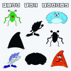 Find a shadow  monsters. Match   funny heroes  with correct shadow.  Preschool worksheet, kids activity worksheet, printable worksheet
