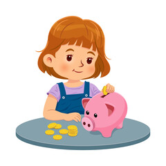 Cute little girl putting coins into a piggy bank. The concept of saving money and planning finance. Vector illustration