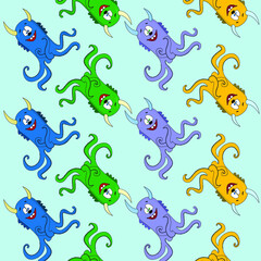 Childish  pattern with cute monsters on blue background. Vector texture for children clothes, fabrics, textiles