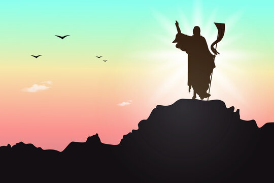 Silhouette of Calvary hill and Jesus Christ resurrection on the mountain against colorful sky. Illustration of calvary mountain and Jesus is risen and illuminating the world. Happy Easter Sunday