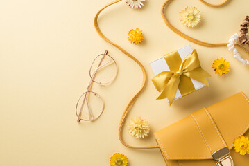 Top view photo of woman's day composition yellow leather handbag white giftbox with yellow bow stylish spectacles scrunchies and wild flowers on isolated beige background with copyspace