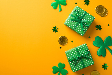 Top view photo of st patrick's day decorations two green gift boxes with polka dot pattern shamrocks trefoil shaped confetti and gold coins on isolated yellow background with blank space