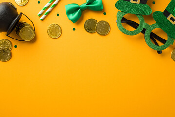 Obraz na płótnie Canvas Top view photo of st patrick's day decorations hat shaped party glasses straws green bow-tie confetti and pot with gold coins on isolated yellow background with blank space