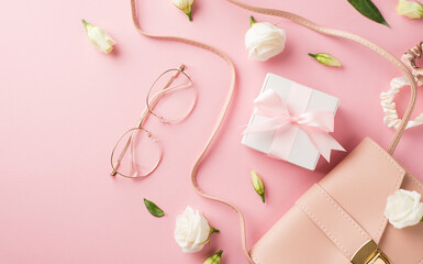 Top view photo of woman's day composition pink leather handbag stylish spectacles white giftbox with bow scrunchies white prairie gentian flower buds on isolated pastel pink background with copyspace