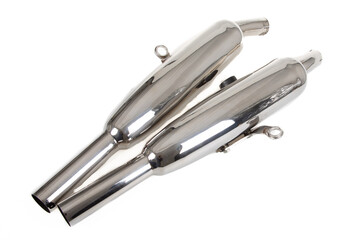 motorcycle chrome silver mufflers exhaust part motorbike in white background