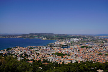 Fototapeta na wymiar Sete top aerial panorama of city port of town in Herault in Occitanie France
