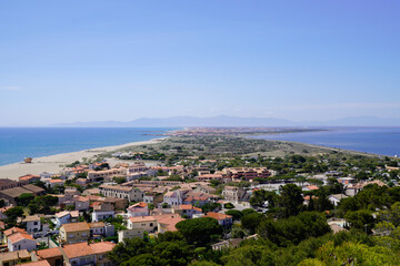 Fototapeta na wymiar Leucate town French Mediterranean coast in aerial top view panorama
