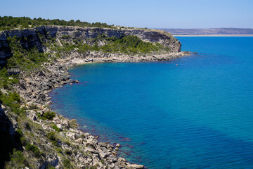 Fototapeta na wymiar Leucate rock coast in south sea beach Pyrenees Orientales in Languedoc-Roussillon France