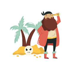 Vector composition of a pirate with a spyglass on an island with palm - obrazy, fototapety, plakaty