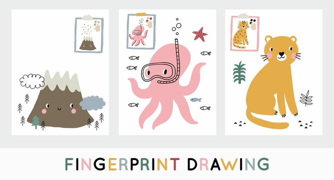 Fingerprint drawing books. Printable coloring page for preschool. Cute vector worksheets 