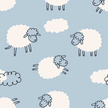 Cute cartoon sheep - vector print. Seamless pattern for baby