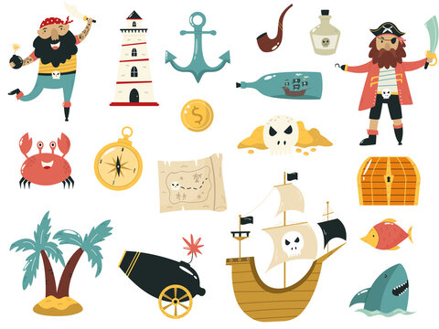 Cartoon vector set with elements and symbols of pirates ship, sword, skull, hat