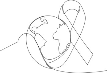 Continuous one line drawing of ribbon with a globe planet earth as symbol of world cancer day closeup. Outline minimal concept. Vector illustration
