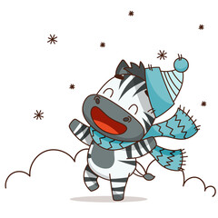 Zebra in a hat and scarf laughs and rejoices in the snow and winter. Vector illustration for designs, prints and patterns. Isolated on white background