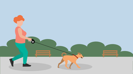 Woman walking dog  in park using retractable leash. Dog sitting and walking services concept