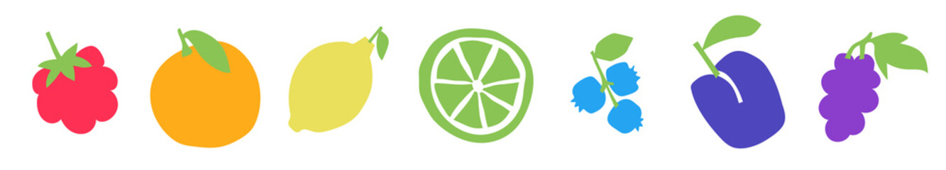 Raspberry, orange, lemon, lime slice, blueberry, plum and grape. Colorful cutouts fruits and berries set. Shape colored cardboard or paper. Funny childish applique