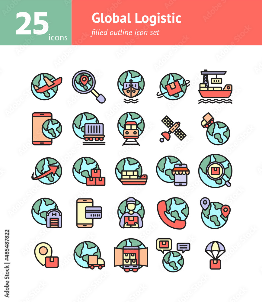 Poster global logistic filled outline icon set. vector and illustration.