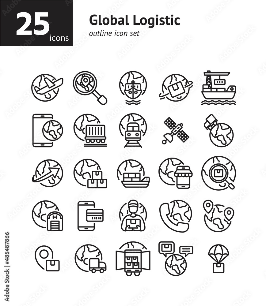 Poster global logistic outline icon set. vector and illustration.