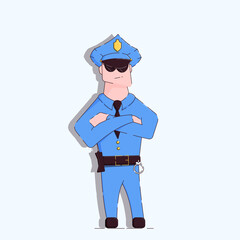 Illustration of a cartoon policeman with arms crossed on his chest. He is wearing a cap and sunglasses. Vector illustration.