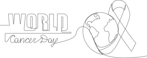 Continuous one line drawing of ribbon with a globe planet earth as symbol of world cancer day closeup. Outline minimal concept. Vector illustration