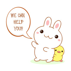 Customer support. Kawaii bunny and duckling offers to help. Assistance concept. Cute little helpers - friends duck and rabbit. Vector Illustration EPS8 