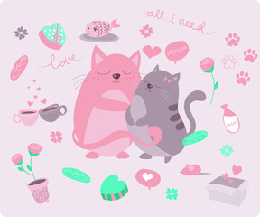 Valentine cats illustration with elements