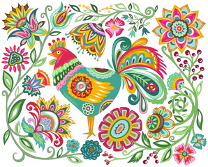 Polish floral embroidery with roosters is a traditional folk pattern. Chicken and flowers in Chinese style.