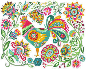 Polish floral embroidery with roosters is a traditional folk pattern. Chicken and flowers in Chinese style.