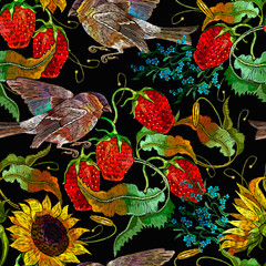 Strawberry plant with leaves, yellow sunflowers flowers meadow herbs and birds. Embroidery style. Seamless pattern. Fashion template for clothes, textiles and t-shirt design. Summer garden art