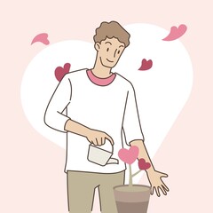 Man watering heart shaped tree. Love your body concept. Valentine's day. Hand draw style. Vector illustration.