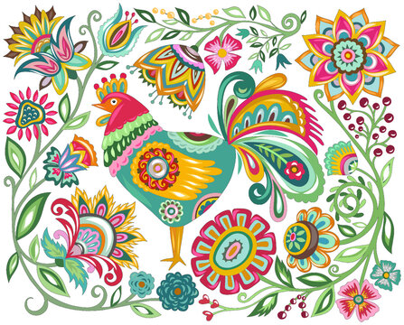 Polish floral embroidery with roosters is a traditional folk pattern. Chicken and flowers in Chinese style.