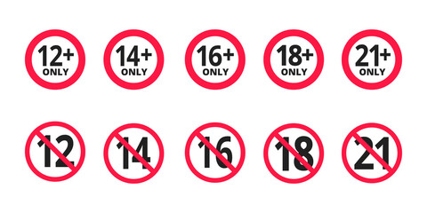Adults content only age restriction 12, 14, 16, 18, 21 plus years old icon signs set flat style design vector illustration. Sensitive content age plus and adults only concept symbols.