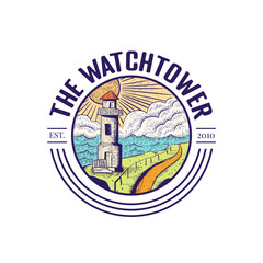 Logo For Cafe or Tshirt design, watchtower at the seaside hill. Hatching vector hand drawn.
