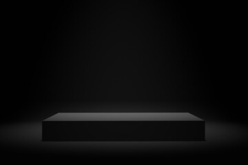 Blank black platform or pedestal with black background for product display. Empty stand for showing or presenting products.