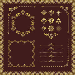 Vintage set of vector horizontal, square and round elements. Golden elements for backgrounds, frames and monograms. Classic patterns. Set of vintage patterns