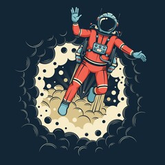 Astronaut in spacesuit with jetpack flies out of black hole - vector image. Astronaut in retro style with Vulcan salute. © Agor2012