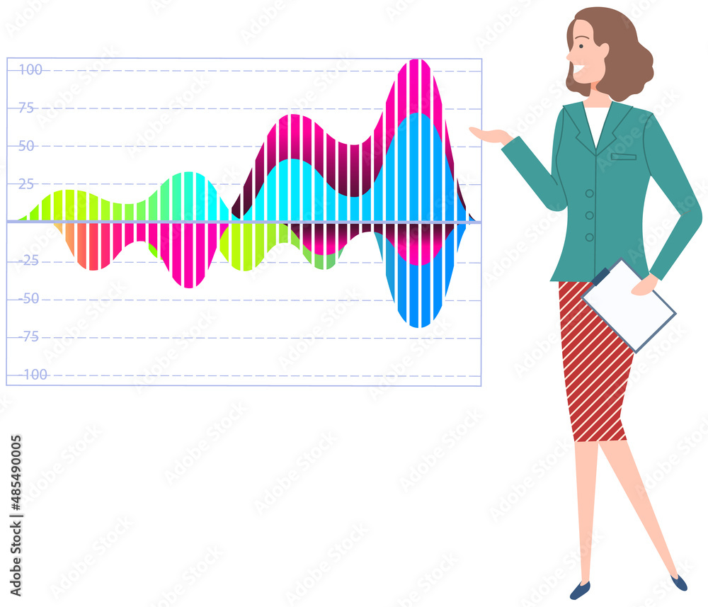 Aufkleber woman studies statistics on presentation. female character while working or studying with report. gi